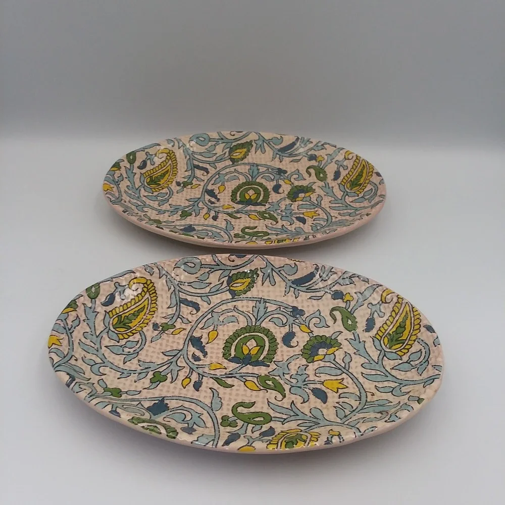 Set of 2 Pottery Barn Oval Salad Plates Blue Beige Paisley‎ Floral Accent Dishes